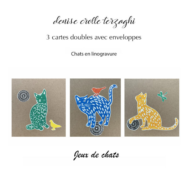 3 cartes double assorties, "chats" en linogravure
